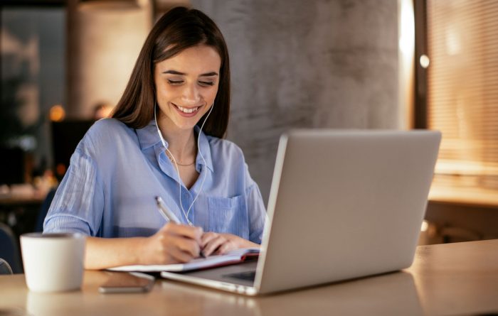 Businesswoman in having a video call on laptop.